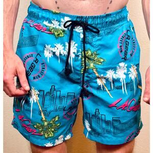 Forever 21 L A Gear Mens Small Swim Trunks Shorts Size Blue Tropical Colorful